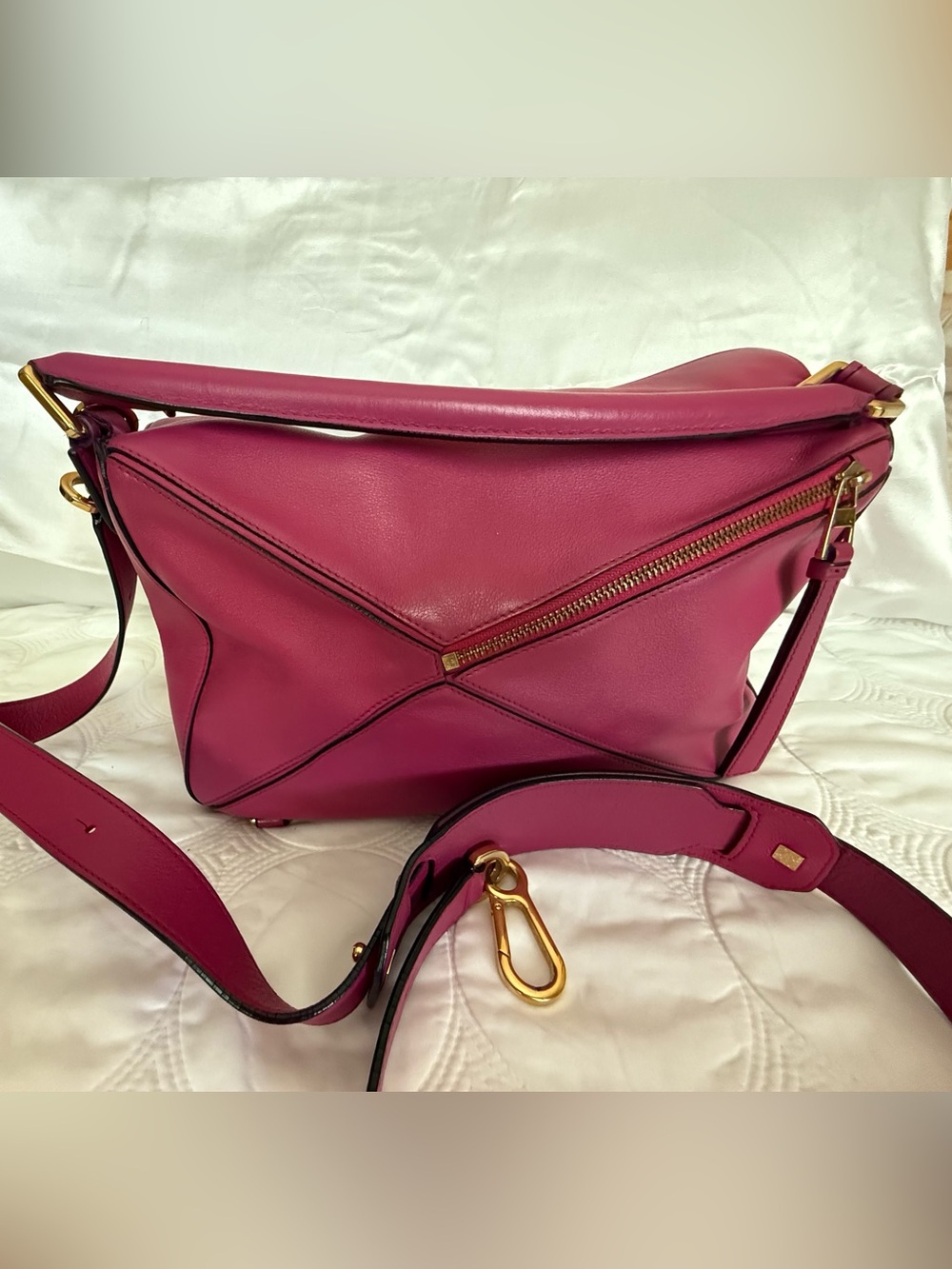 Loewe Fuchsia Puzzle Leather Crossbody with Gold Hardware